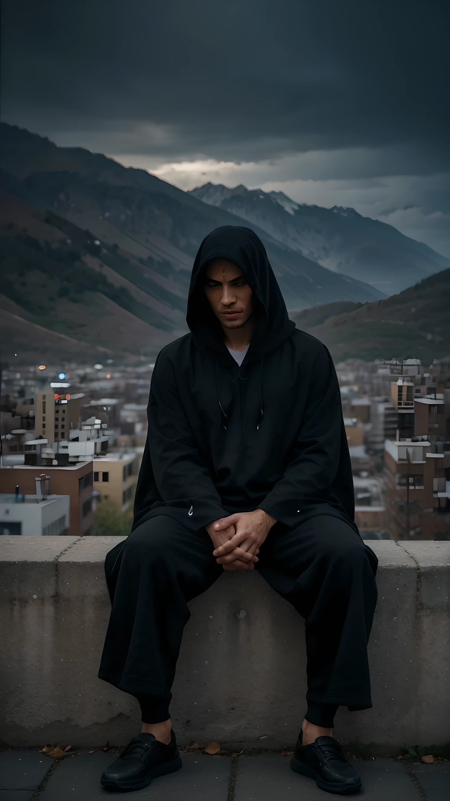 1 man, solo, sitting medidation, long black robe, face hidden under the hoodie, dynamic brushstrokes, fluid movement, capturing the essence of his mystical powers and energy, using datk colors and sharp tones to create a supernatural and ethereal atmosphere, portraying the motion and grace of human's true potential, showing the wind blowing the rob, and the scenery of his surroundings. Middle of strret, detailed background, Modern metropolis, iran