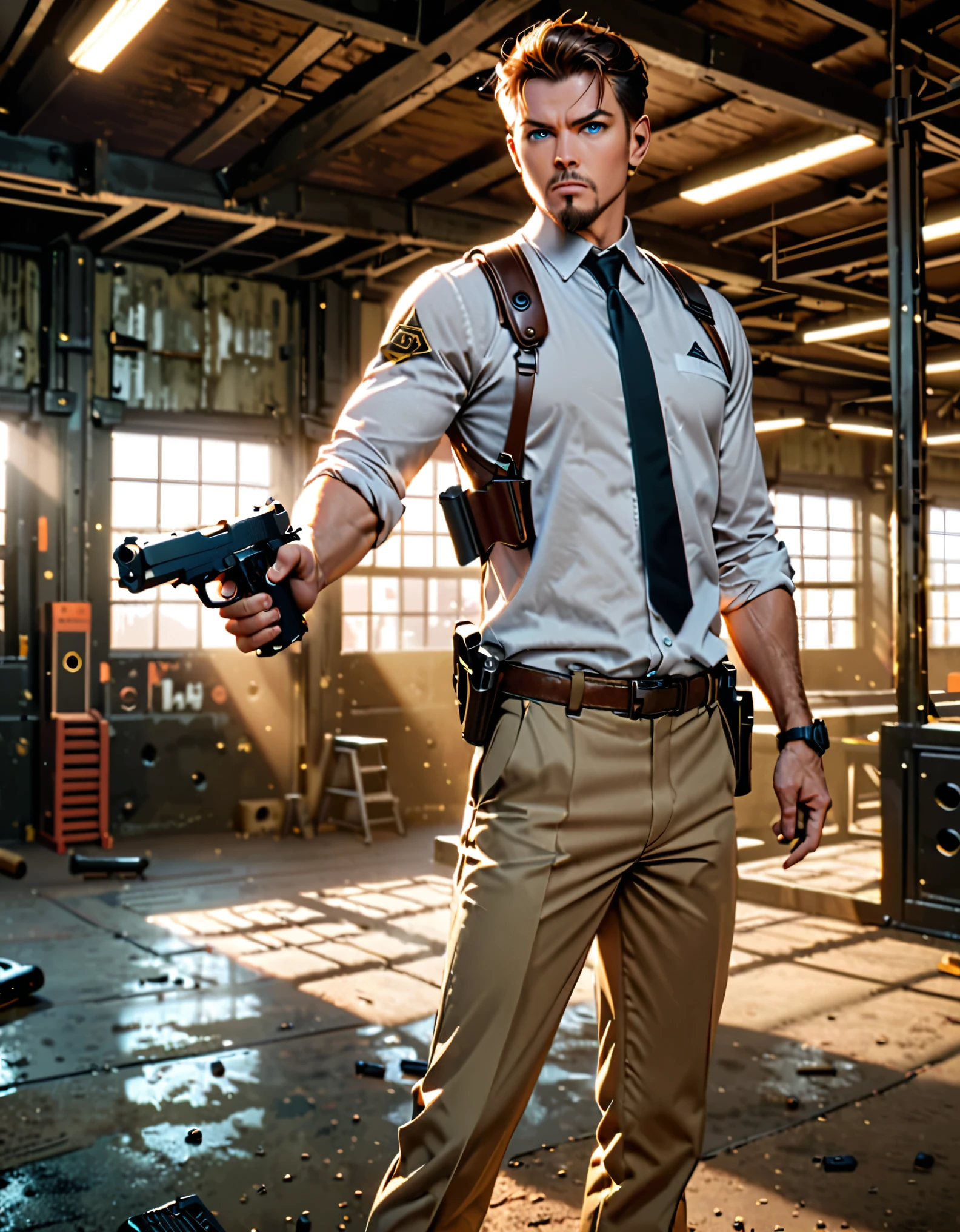 masterpiece, best quality, secret agent, (white suit t-shirt), sleeves rolled up, black necktie, shoulder holster, brown slacks, black dress shoes, (1weapon, using pistol with one hand, finger on trigger), (using pistol, STI 1911:1.2), shooting range background, indoors, realistic, stylish, rutkowski, goatee, brown hair, buzz hair, blue eyes, looking at viewer, intricate details, hyperdetailed, cinematic, rim light, danger atmosphere