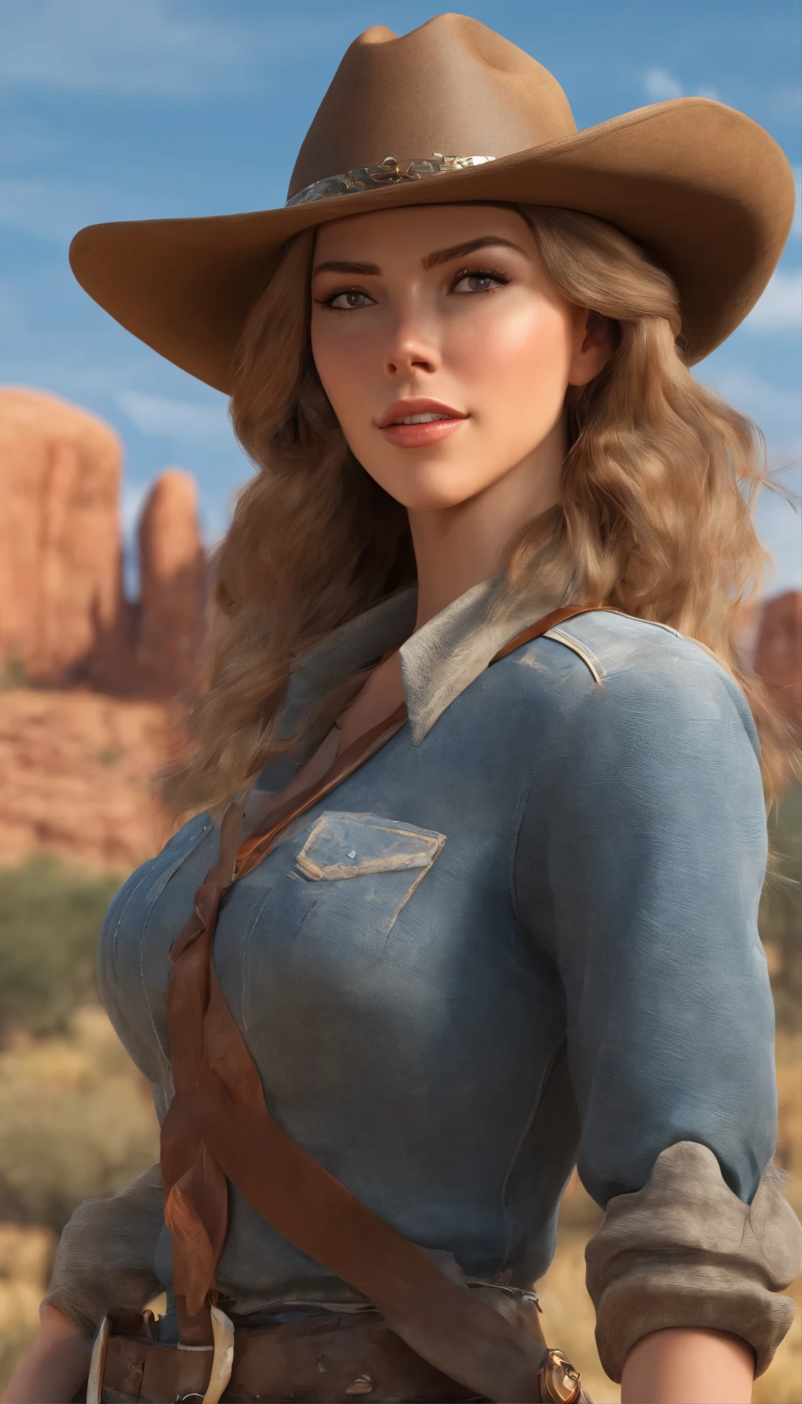 with high definition images,Beautiful cowgirl(masterpiece、highest quality:1.2)、カウボーイをテーマにしたScarlett Johanssonの画像、solo、One woman、Scarlett Johansson、Captivating smile、Look directly at your audience、Denim top and bottom、Riding a horse through the desolate plains,Western-style hats、Highly detailed、Intricately crafted facial features、Realistic skin texture、Expressive eyes、Warm and inviting、Rustic, sun-kissed landscape、The perfect blend of elegance and rugged charm