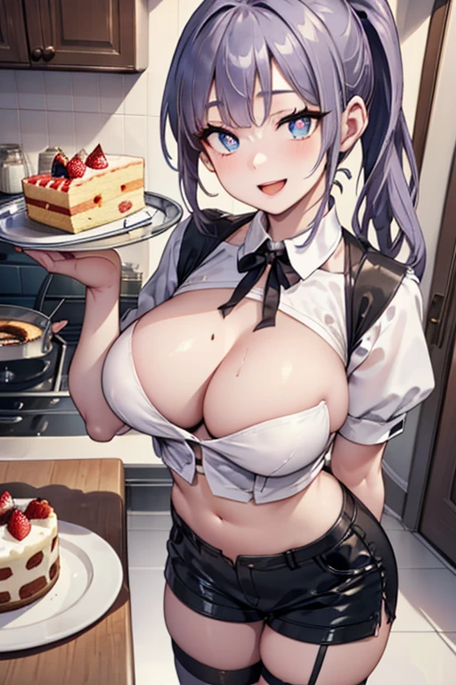 (dynamic angle:1.3, front view:1.1, breast focus:1.3, from above:1.1), (dynamic posing:1.2, posing:1.2), (seductive smiling:1.3), ((looking at cake,Taking a cake out of the golden oven, worried about the outcome:1.2)),highest quality、(real、photorealistic:1.4),(ultra high resolution, 8K RAW photo, clear focus), best qualtiy, natural lighting, field depth, (Bright pupils, detailed beautiful eyes, high detailed face), Red lip, (tight focus:1.2), a girl 22yo old, Wearing a pastry chef uniform:1.3 , Thicc, thin breast, long hair, blue eyes,garter stocking, cleavage:1.2, midriff, black shorts, black thighhighs, thigh strap, pretty girl, (highly detailed beautiful face and eyes,firm breasts),real skin,((black,hair,long pony tail hair)),thin pubic hair,cute,lovely, detailed eyes,(double breasted:1.0,under bust:1.0),(with sparkling eyes and a contagious smile),open mouth, Looking at Viewer,A scene of cooking in the kitchen,looking at the golden oven