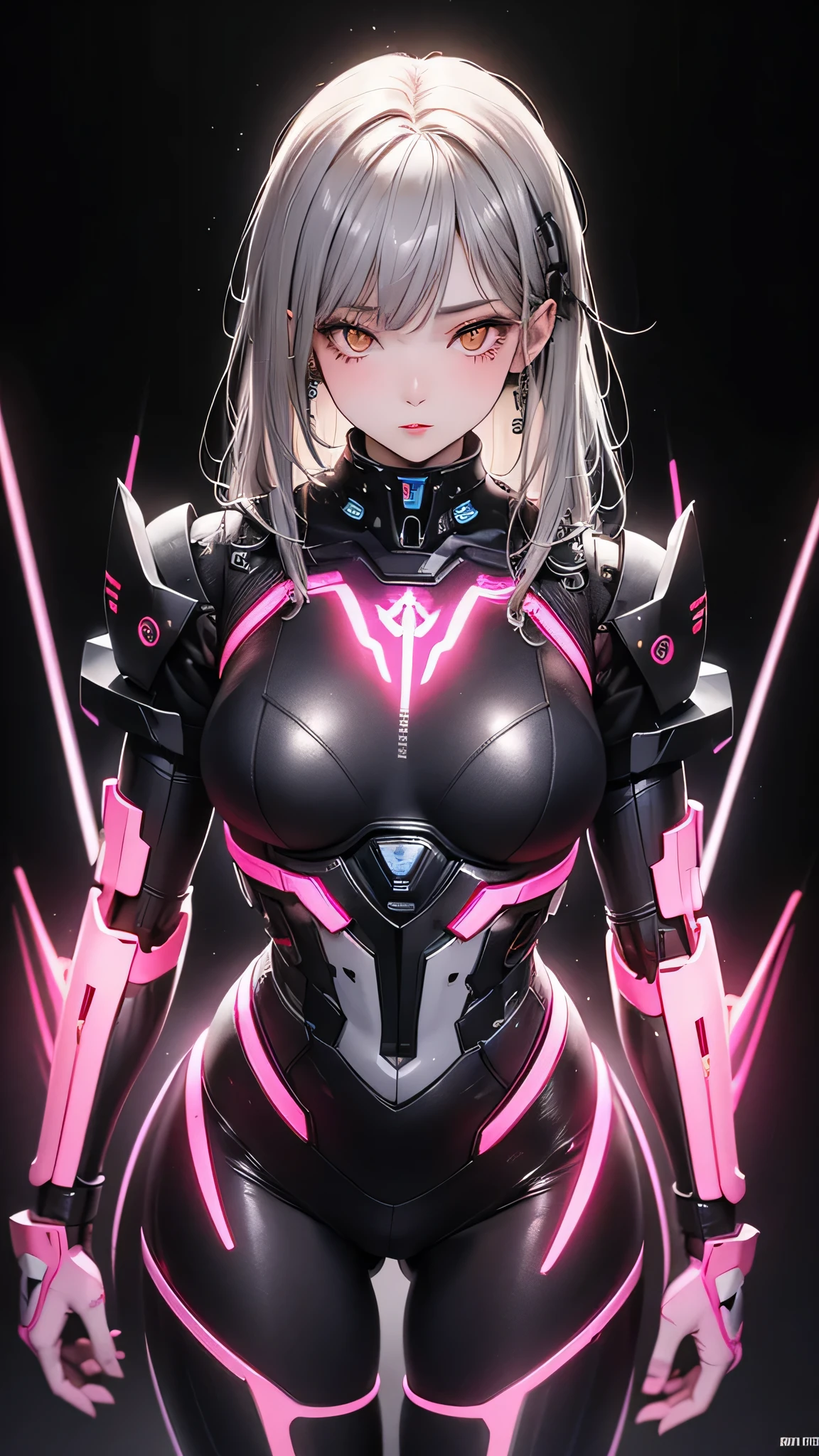 cute, woman, Sexy Face, Yellow Eyes, Gray Hair, The body is slim, Sexy pose, Pink tights, Mecha, Neon Signs, Leading the Night City, View from above, high quality, Realistic, Beautiful light, Full details, Black background