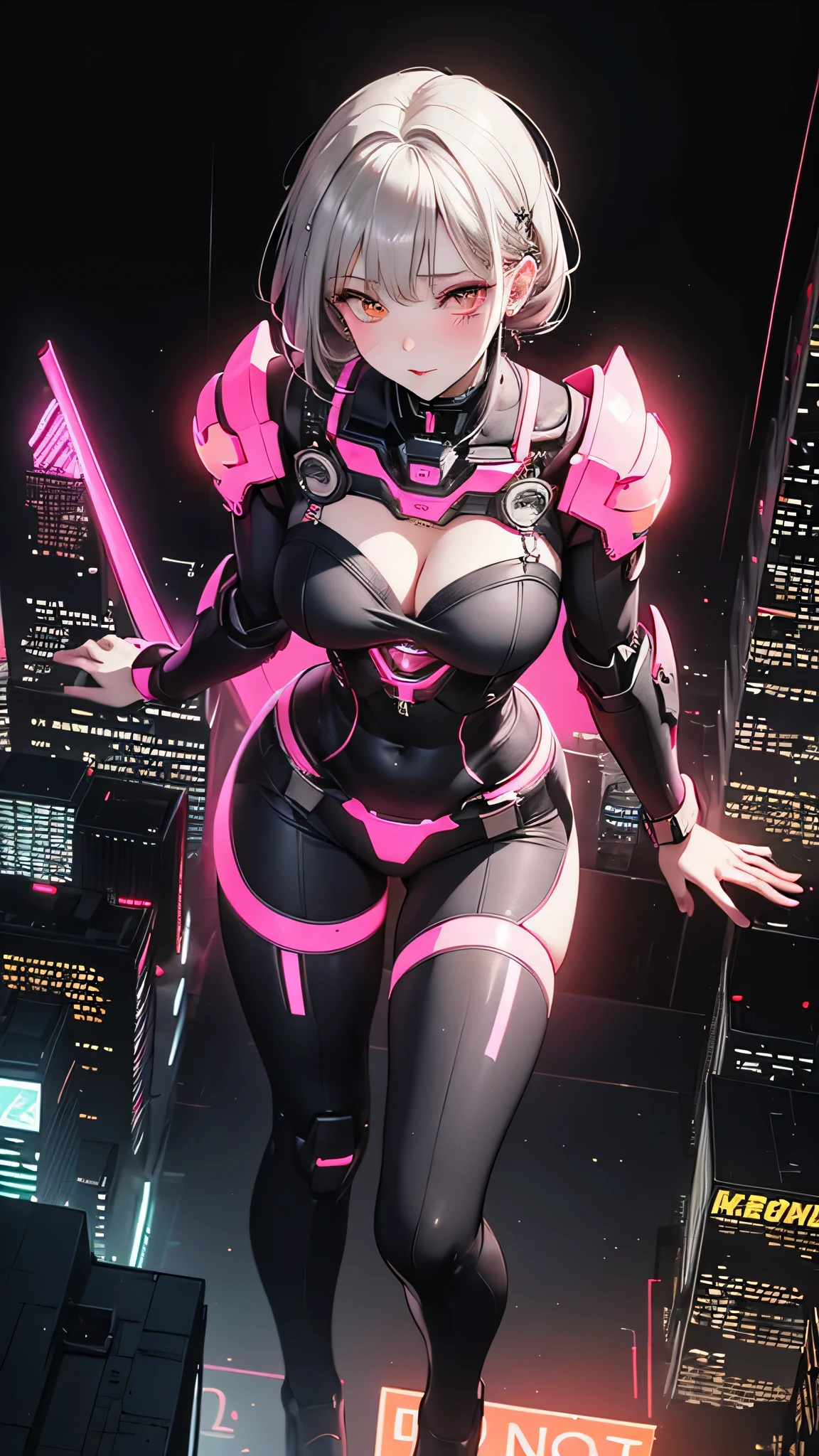 cute, woman, Sexy Face, Yellow Eyes, Gray Hair, The body is slim, Sexy pose, Pink tights, Mecha, Neon Signs, Leading the Night City, View from above, high quality, Realistic, Beautiful light, Full details, Black background