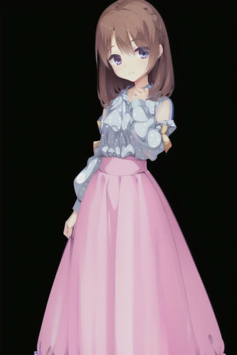 1girl,solo,smiling, woman, brown hair, medium hair, shirred sleeve blouse, pale purple blouse, long skirt, (long skirt with blue polka dots:1.3), small breast, full body, Character portrait, expensive_solve, clear_image, expensive_Contrast, 8k, Sparkling, beautiful_detailed_face_and_eye, (Brown Hair:1.25), 白 eye,Black background