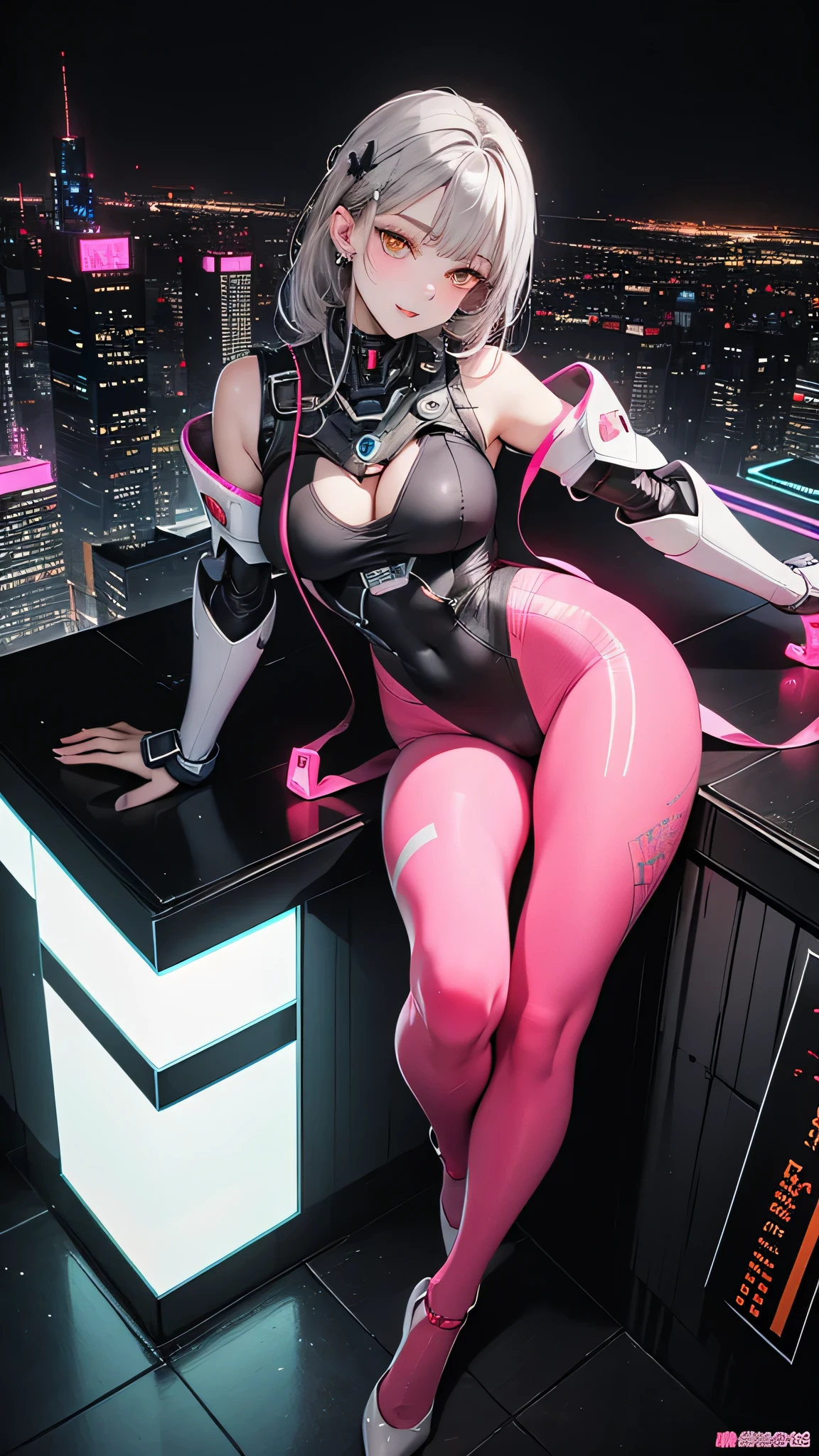 cute, woman, Sexy Face, Yellow Eyes, Gray Hair, The body is slim, Sexy pose, Pink tights, Mecha, Neon Signs, Leading the Night City, View from above, high quality, Realistic, Beautiful light, Full details, Black background