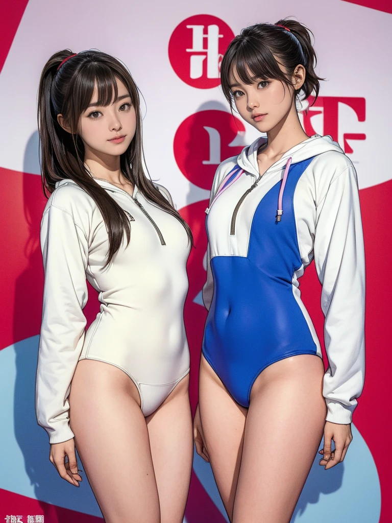 (2 girls, Same height :1.2) ,Couple focus , , Japanese Girls , (Smile:0.7), Stand side by side , Gymnastics suits, White long sleeve hoodie, food, School swimsuits, , Beautiful thighs, Thin waist, Thin thighs, Thin legs, Long legs, にやにやのSmile, Short Bob, Ponytail, (High color saturation:1.0), (Very detailedな肌), (best quality:1.0), (Ultra-high resolution:1.0) ,(Practical:1.0), (Very detailed:1.0), (8K, RAW photos:1.1)、Thighs Thighs