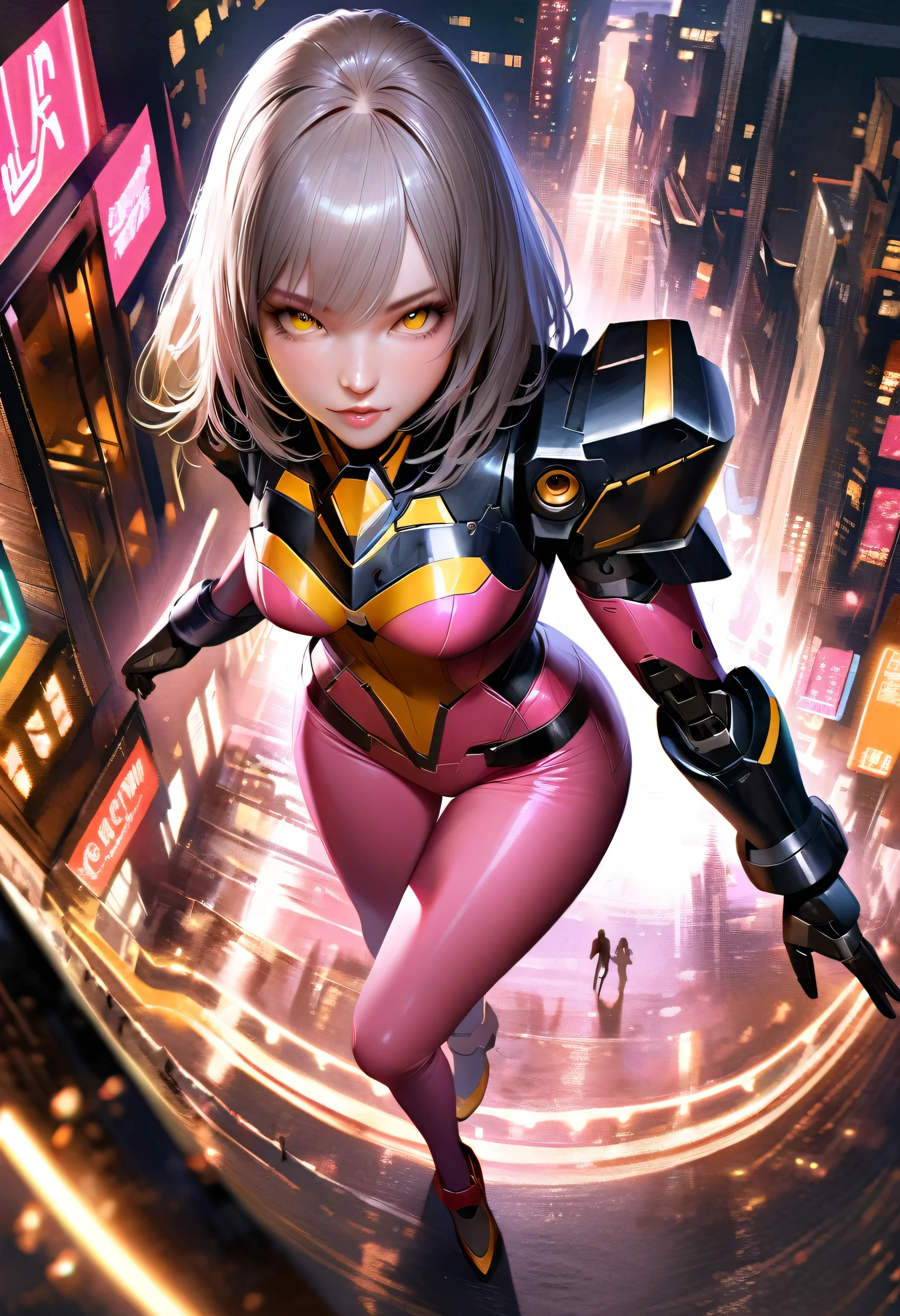 cute, woman, Sexy Face, Yellow Eyes, Gray Hair, The body is slim, Sexy pose, Pink tights, Mecha, Neon Signs, Leading the Night City, View from above, high quality, Realistic, Beautiful light, Full details, Black background