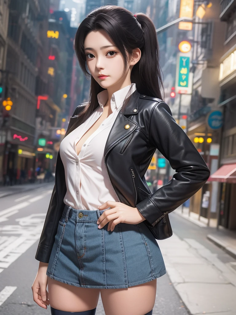 There is a woman in a short skirt and jacket posing for a photo, Surrealist schoolgirl, Surrealist schoolgirl, Practical , Realistic anime girl rendering, Small curve , stockings and skirt, 3D animation realistic, Highly detailed shots of the giantess, Realistic animation, Realistic full body, [ 4K Reality ]!!