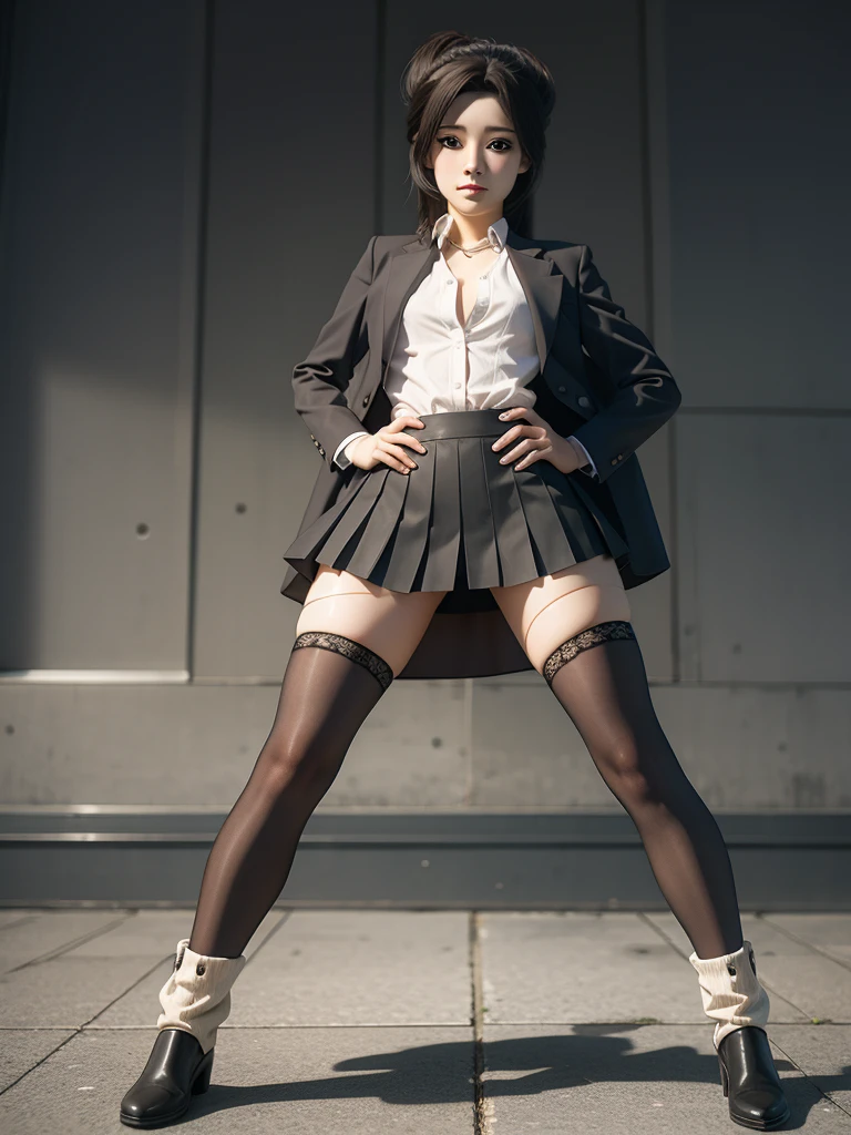 There is a woman in a short skirt and jacket posing for a photo, Surrealist schoolgirl, Surrealist schoolgirl, Practical , Realistic anime girl rendering, Small curve , stockings and skirt, 3D animation realistic, Highly detailed shots of the giantess, Realistic animation, Realistic full body, [ 4K Reality ]!!