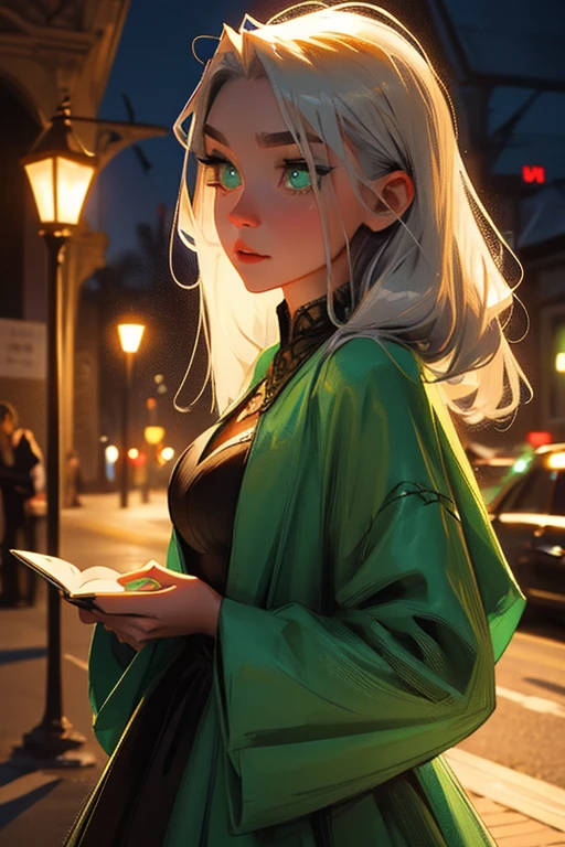A young silver haired woman with green eyes in a pretty gothic dress is practicing magic at night