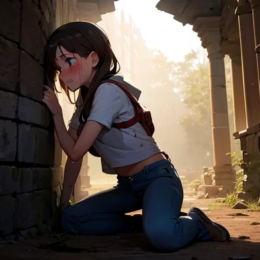 Zoe, young, brunette, (dirty, filthy, tearing up, stressed, worried), in an ancient ruin, sandstone, jeans, explorer clothes, blue helmet, poor lighting, low ceiling, claustrophobia, sitting on a stone slab, (zoom in, quarter body, detailed face muddy), ((urgent , wiping tears, blush, pain, hurt, pleading)), from below, orange lighting, wet stain, (have to pee, wet crotch)