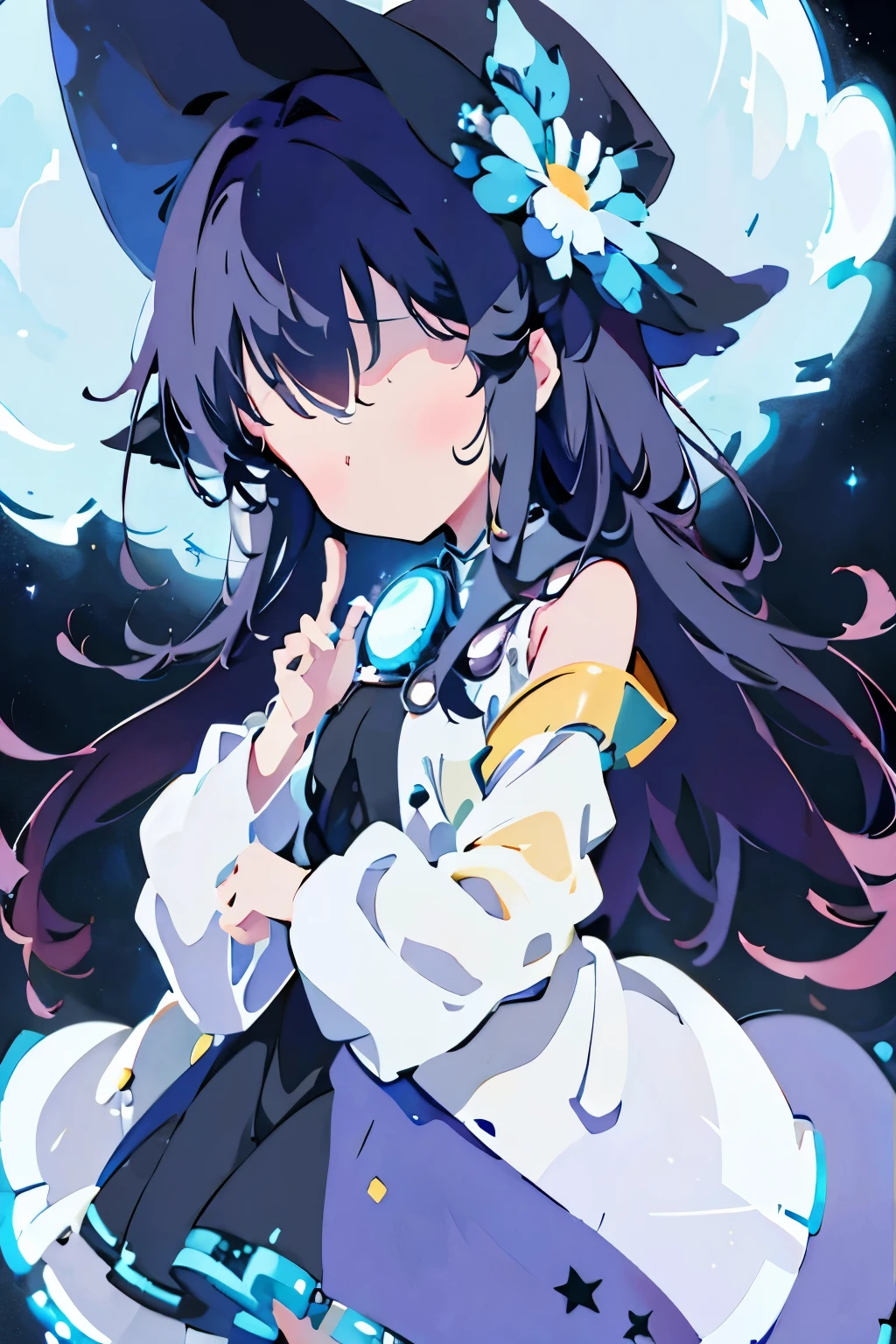 Close-up shot, an Anime wearing a white glass , standing on the land,night view ,Many stars on the night sky,The Milky Way ,colorful flowers,headshot close-up, oil painting style, very obvious oil painting strokes, impressionist palette style, 32k uhd, beautiful, booru, Old time, color cartoon --ar 3:4 --