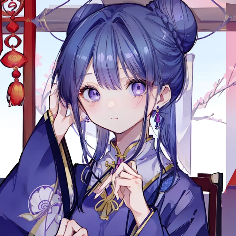 1 girl、Bun Hair、Patsunmae、Tassel earrings、Chinese clothing、China dress、lit、cute、Mature、Navy Blue Hair、Purple Eyes、