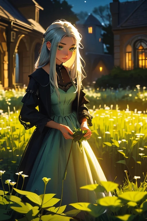 A young silver haired woman with green eyes in a pretty gothic dress is picking herbs at night in a garden