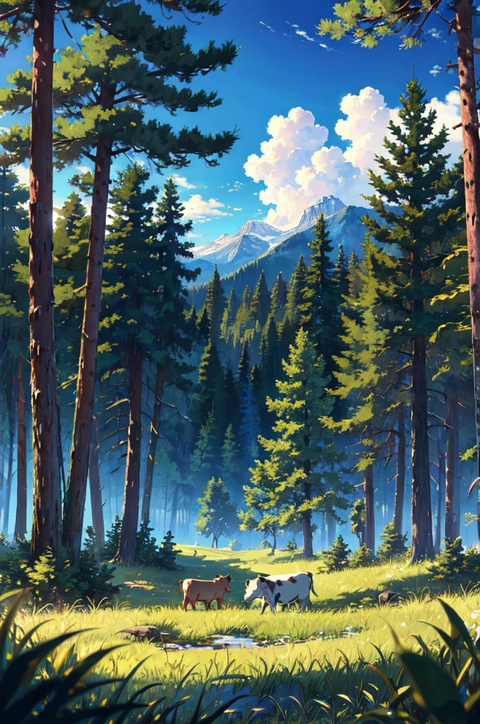 cow,
BREAK (masterpiece, best quality:1.2), outdoors, nature, forest, pines, grass, tall grass, detailed grass, plants, day, clouds,