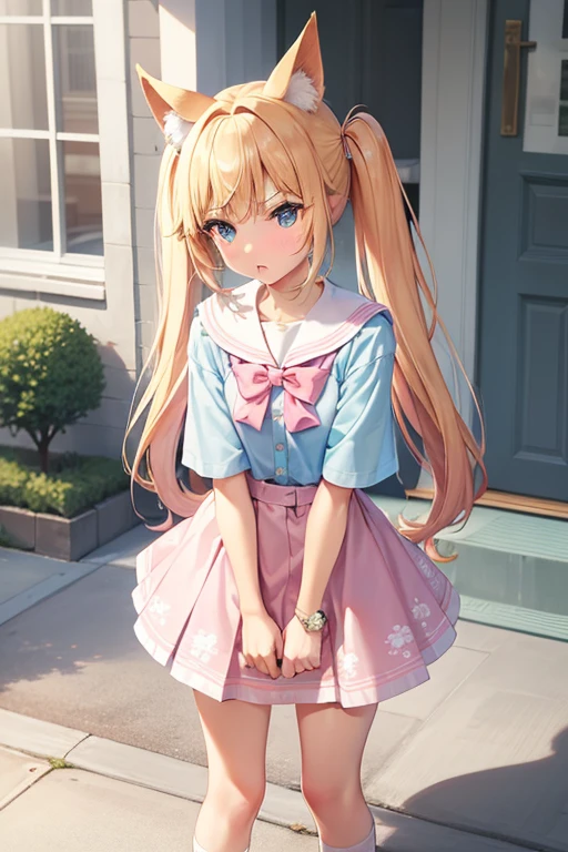 Animal Ears, Sailor suit, Blonde, Twin tails, sharp finesse, Beauty, pastel colour, Line art, Detailed depiction, Fine writing, Hiro Yamagata, Face Paint, Many rings, Flashy Nails, Lots of bangles, beautiful girl, solo, attractive, niji 6, multi color, the same pose, 夏らしい衣装pastel colourのトップス, pink, Mint green, Blouses and shirts in soft colors such as lavender, Floral Print, Floral dresses and skirts, Denim jackets and cardigans, Tank tops and camisoles, Bright colored bottoms, white, beige, Pants or skirts in light colors such as light gray, Flat shoes or sandals, casual、{{{Straight hair}}}, {{{Pink hair}}}, {{{Tsurime}}}, {{{Bangs center parting}}}, Light blue eyes, {{{scornful}}}, a cool, {{{scornful}}}, {{{masutepiece}}}, {{{Best Quality}}}, {{Ultra-detailed}}, {Illustration}, {{extremely delicate and beautiful}}, {{Mare}}, nigh sky、slender physique, Shiny hair, Face Focus, {{tiny chest}}, {{{Angry look}}}, {arms in arms}, {knee high socks}, 1girl in, Upper body, Looking at Viewer, shoes, 25-years old, {{{a sailor suit}}}, Dynamic Angle, Front view, Photorealistic, Beautie,