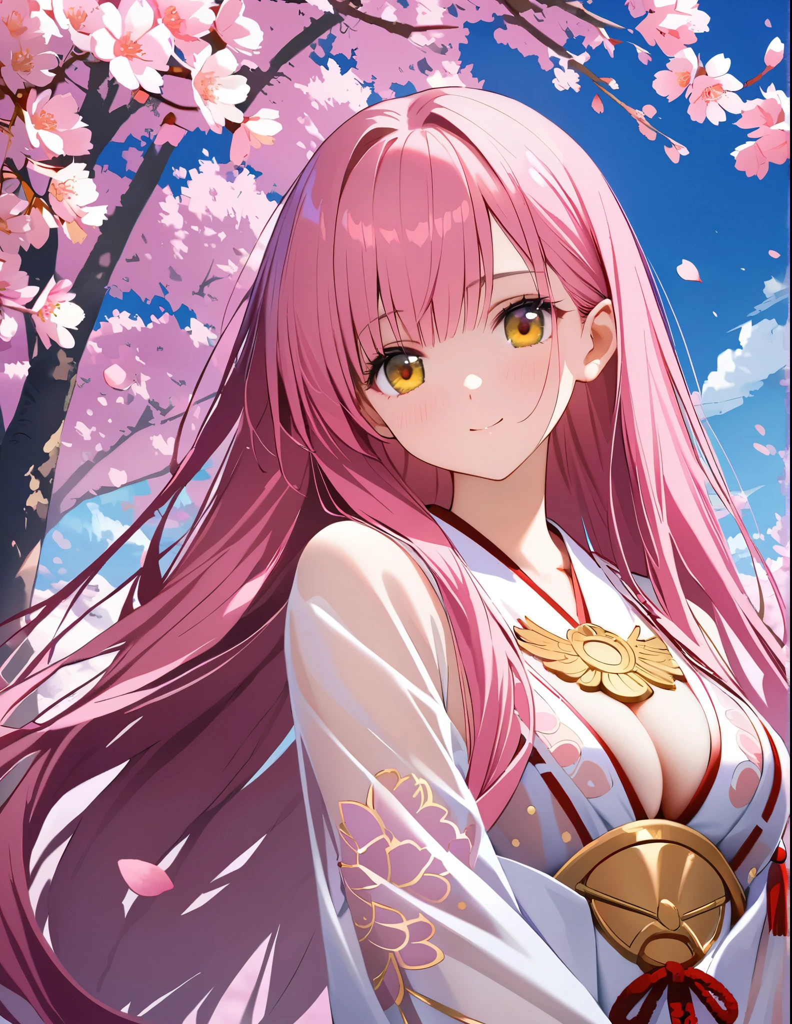 8K resolution, ((highest quality)), ((masterpiece)), ((Super detailed)), (And yet delicate and beautiful), beautiful girl, alone, full body,gentle expression, sharp focus,face focus,She and(relax)and(Calm)exterior,written boundary depth, bright smile, young look, warm gold-colored eyes, Beautiful pink hair, beautiful background, long hair, line drawing, medium breasts,dressed in suzuna kuraki translucent miko robe with gold phoenix design,eyes that shine like cherry blossoms, upper grade, wonderful eyes, cherry blossoms,sakura tree, sakura petals falling,tidsean