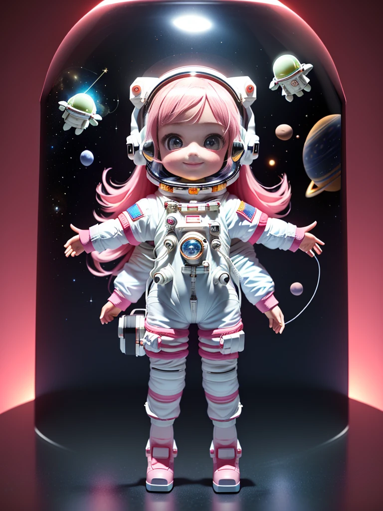 Super cute girl full body 3D drawing,1,Nice eyes,big eyes,Lovely,having fun,c4d,Matte blind box,Long pink hair,Glowing bubbles,Toy,Solid color background,tRed Cliff,Fluorescence transmission,illuminator, Kawaii,baby,(((astronaut,Space suit))),Reference table,Bubble Mart Blind Box,Pixar,intricate details,3D Rendering,Blender,overclocked renderer,fol body Reference table,Dribbling,High Detail,8K,Studio Lighting,,,,Red Cliff , SD Role:1.1,Magic Space Silo Background,(Wearing a glass oxygen mask on his head)(Full body portrait)Smile