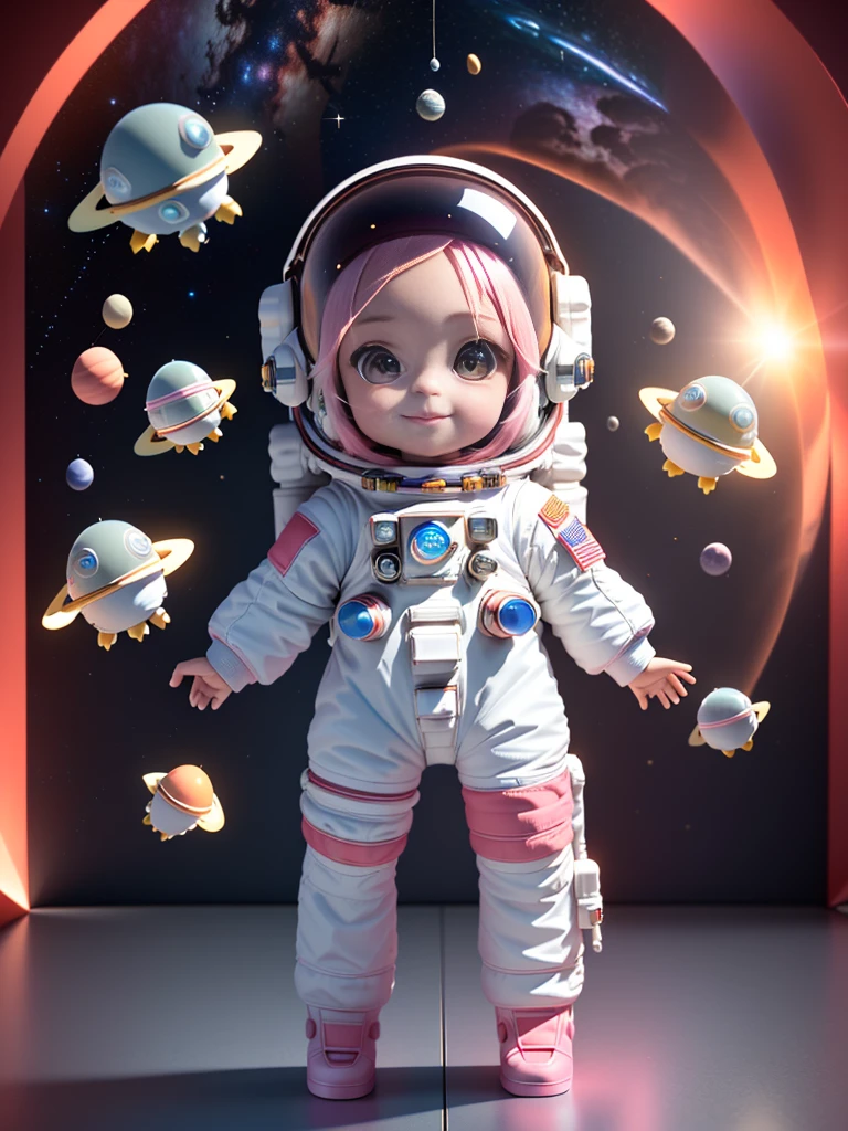Super cute girl full body 3D drawing,1,Nice eyes,big eyes,Lovely,having fun,c4d,Matte blind box,Long pink hair,Glowing bubbles,Toy,Solid color background,tRed Cliff,Fluorescence transmission,illuminator, Kawaii,baby,(((astronaut,Space suit))),Reference table,Bubble Mart Blind Box,Pixar,intricate details,3D Rendering,Blender,overclocked renderer,fol body Reference table,Dribbling,High Detail,8K,Studio Lighting,,,,Red Cliff , SD Role:1.1,Magic Space Silo Background,(Wearing a glass oxygen mask on his head)(Full body portrait)Smile