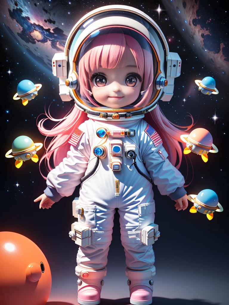 Super cute girl full body 3D drawing,1,Nice eyes,big eyes,Lovely,having fun,c4d,Matte blind box,Long pink hair,Glowing bubbles,Toy,Solid color background,tRed Cliff,Fluorescence transmission,illuminator, Kawaii,baby,(((astronaut,Space suit))),Reference table,Bubble Mart Blind Box,Pixar,intricate details,3D Rendering,Blender,overclocked renderer,fol body Reference table,Dribbling,High Detail,8K,Studio Lighting,,,,Red Cliff , SD Role：1.1，Magic Space Silo Background,（Wearing a glass oxygen mask on his head）（Full body portrait）Smile