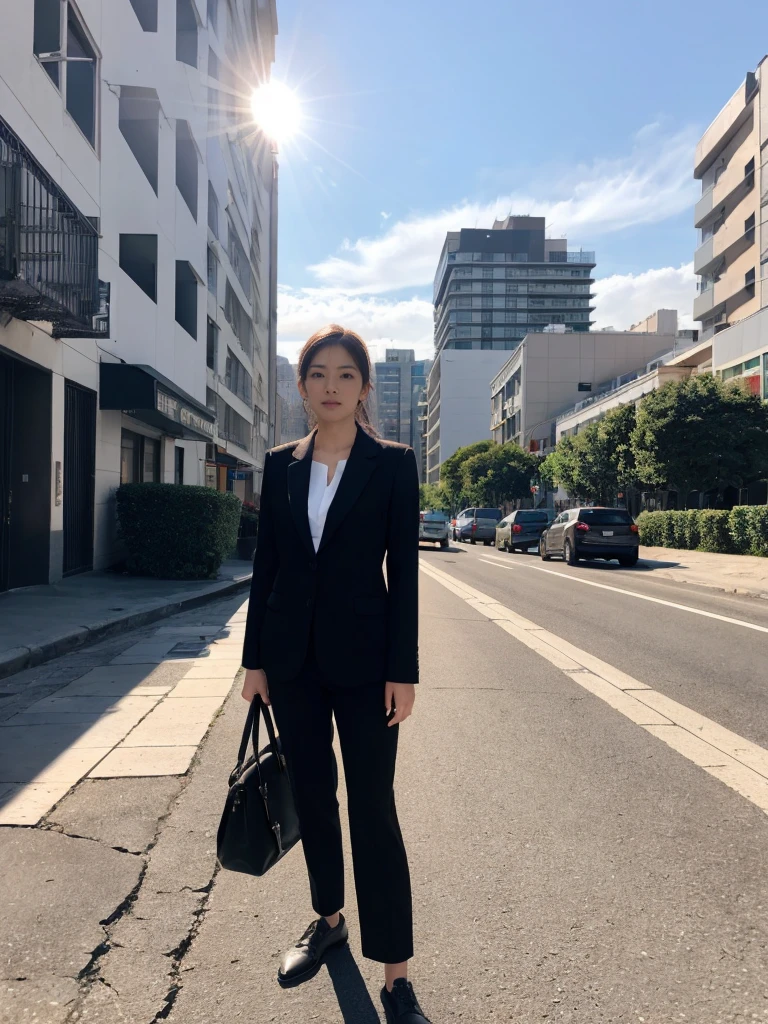 (8K, RAW photos, best quality, masterpiece: 1.2), (Practical, photoPractical: 1.37), 1 Woman in suit standing on the sidewalk, city View, sky, Sunny morning, Professional lighting, Photon Mapping, Wireless City, Brazilian women, Tear, shirt, Woman in suit, silk suit