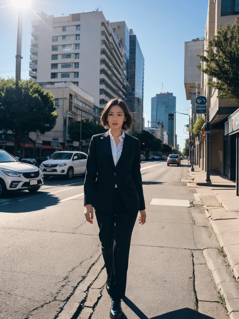 (8K, RAW photos, best quality, masterpiece: 1.2), (Practical, photoPractical: 1.37), 1 Woman in suit standing on the sidewalk, city View, sky, Sunny morning, Professional lighting, Photon Mapping, Wireless City, Brazilian women, Tear, shirt, Woman in suit, silk suit