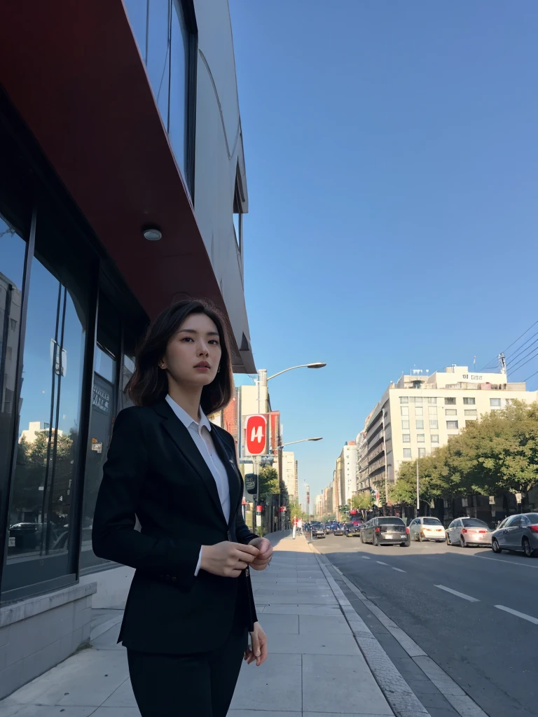 (8K, RAW photos, best quality, masterpiece: 1.2), (Practical, photoPractical: 1.37), 1 Woman in suit standing on the sidewalk, city View, sky, Sunny morning, Professional lighting, Photon Mapping, Wireless City, Brazilian women, Tear, shirt, Woman in suit, silk suit