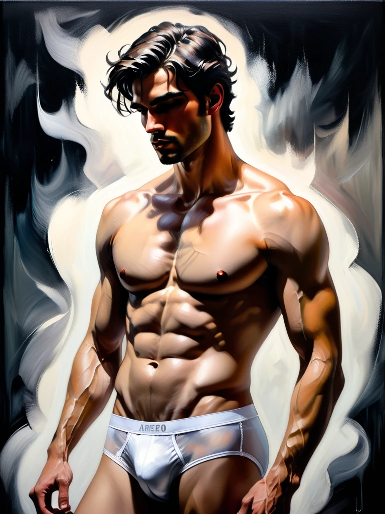 chiaroscuro technique on sensual illustration of an arafed man in white underwear, y masculine, diego fazio, male model, by Ludovit Fulla, model with attractive body, inspired by Ludovit Fulla, mid-shot of a hunky, the model draped in flowing, thick oil painting by Harumi Hironaka, extremely soft colors, vibrant, highly detailed, malcolm liepke painting, oil on canvas, high contrast, dramatic, refined, tonal, a thick textured oil painting, impasto brushstrokes, dry brushing,revealing underlayers, abstract landscape, moody lighting, dramatic shadows, muted earthy colors, vibrant colors, highly detailed, masterpiece,