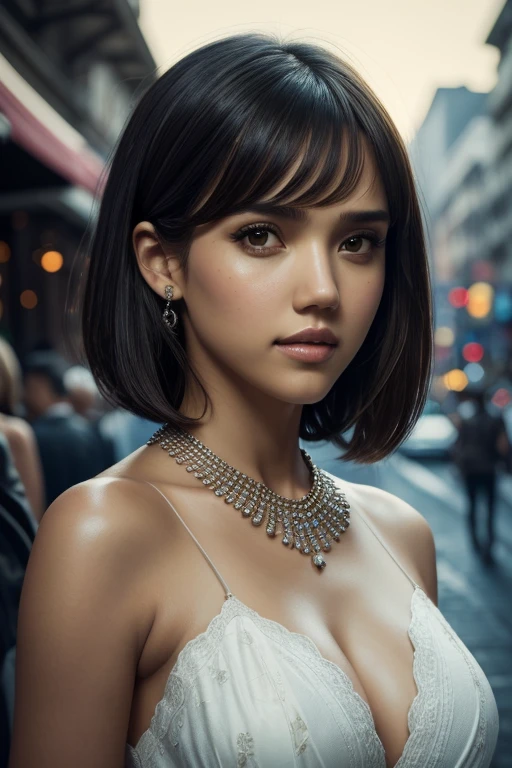 Jessica Alba, masterpiece, best quality, miranda, (halfbody shot,street lamps,moon),Masterpiece, 1girl, solo exhibition, beautiful woman on the bustling street, surrounded by hawkers, beautiful goddess girl portrait, beautiful and detailed face, porcelain skin, (((bust shot, center, night, black hair, short hair)), super soft lighting, symmetry, complexity, elegance, high detail, realism, art, concept art,