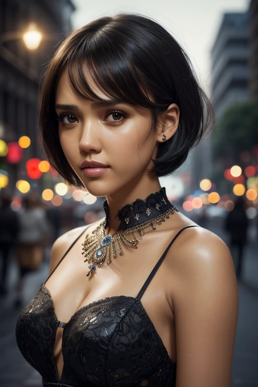 Jessica Alba, masterpiece, best quality, miranda, (halfbody shot,street lamps,moon),Masterpiece, 1girl, solo exhibition, beautiful woman on the bustling street, surrounded by hawkers, beautiful goddess girl portrait, beautiful and detailed face, porcelain skin, (((bust shot, center, night, black hair, short hair)), super soft lighting, symmetry, complexity, elegance, high detail, realism, art, concept art,