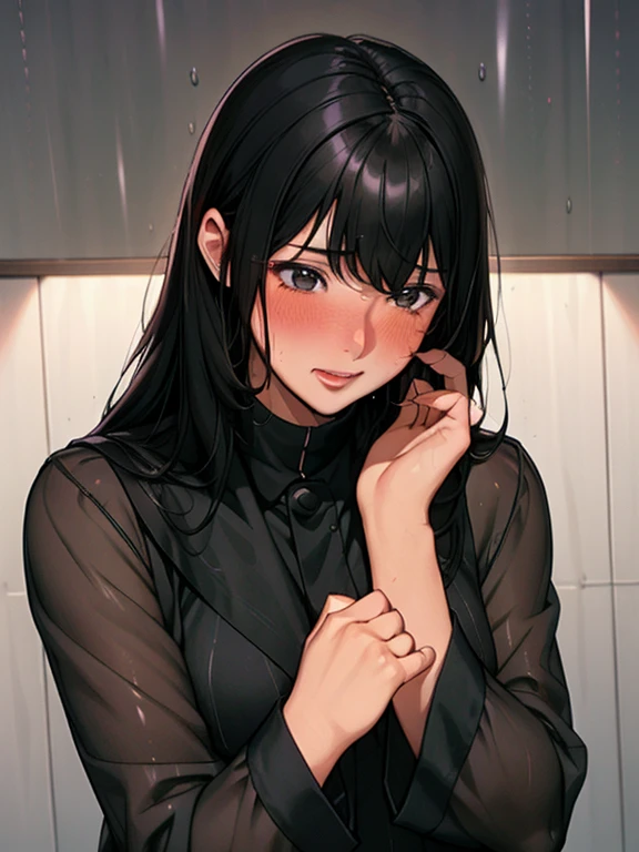 A beautiful girl with long black hair, wearing a high school girl uniform, shyly blushing, wet from the rain, her uniform becoming transparent, (masterpiece, best quality), soft cinematic lighting, cinematic composition