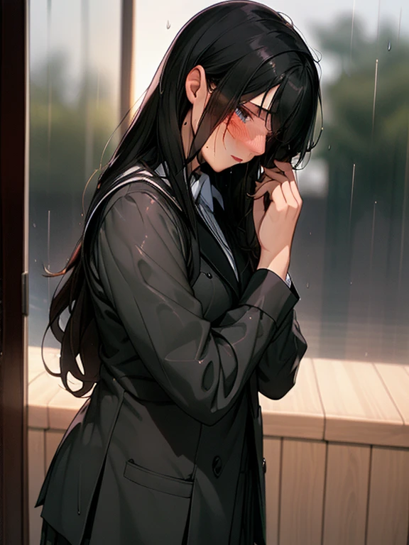 A beautiful girl with long black hair, wearing a high school girl uniform, shyly blushing, wet from the rain, her uniform becoming transparent, (masterpiece, best quality), soft cinematic lighting, cinematic composition