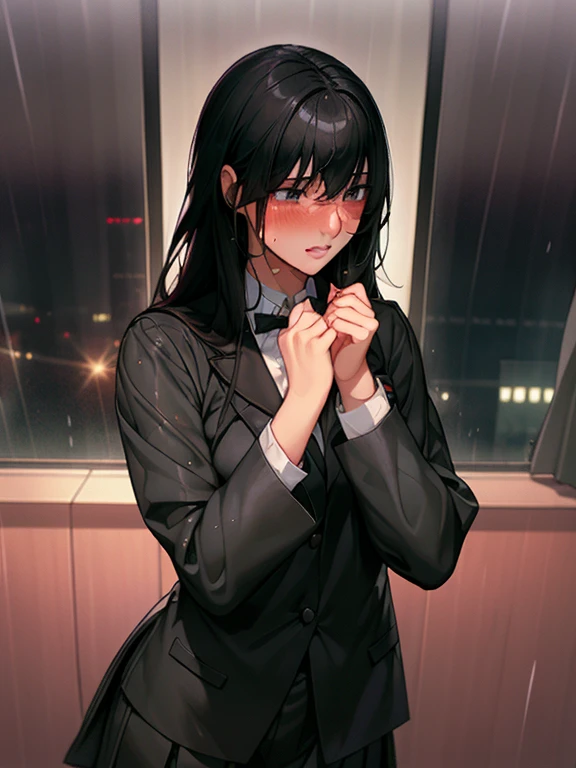 A beautiful girl with long black hair, wearing a high school girl uniform, shyly blushing, wet from the rain, her uniform becoming transparent, (masterpiece, best quality), soft cinematic lighting, cinematic composition