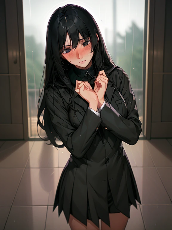 A beautiful girl with long black hair, wearing a high school girl uniform, shyly blushing, wet from the rain, her uniform becoming transparent, (masterpiece, best quality), soft cinematic lighting, cinematic composition