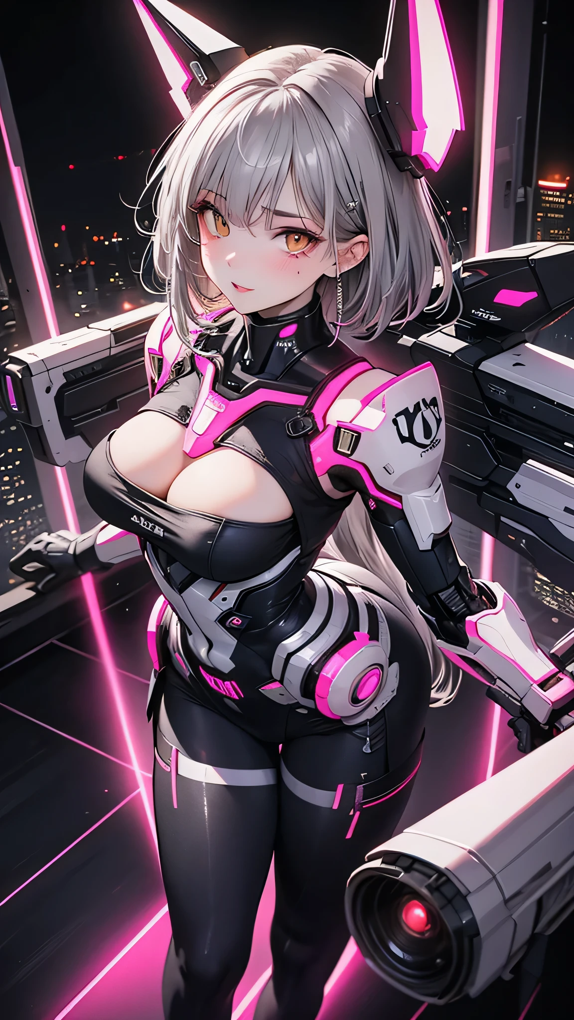 cute, woman, Sexy Face, Yellow Eyes, Gray Hair, The body is slim, Sexy pose, Pink tights, Mecha, Neon Signs, Leading the Night City, View from above, high quality, Realistic, Beautiful light, Full details, Black background
