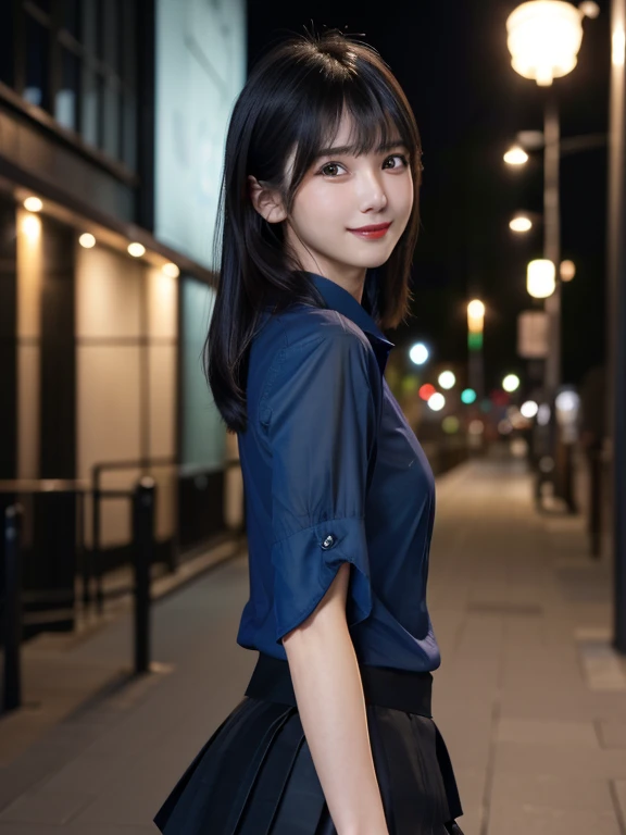 1 Japanese girl,(Stylish blue shirt、Stylish tiered skirt:1.4), (RAW Photos, highest quality), (Realistic, Photorealistic:1.4), (Full Body Shot,front), Very delicate and beautiful, Very detailed, 8k wallpaper, wonderful, In detail, Very detailedなCG Unity, High resolution, Soft Light, Beautiful and detailed 24 year old girl, Very detailedな目と顔, Beautifully detailed nose, Beautiful fine details,Cinema Lighting,Daytime cityscape,Perfect Anatomy,Slender body,G-Cup、smile、 (Asymmetrical bangs,Black Hair,short:1.4)