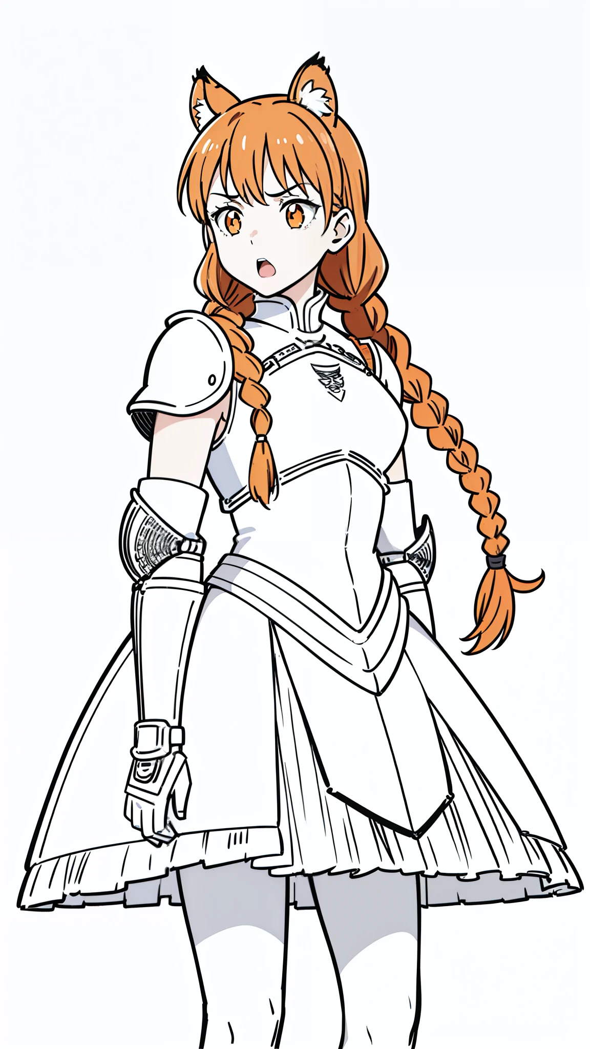 ((1girl,20 years old,mature female,solo)),tiger ears,long hair,(twin braids),orange hair,knight armor,(white background,line drawing),perfil,surprised expression,open mouth,(black pantyhose),portrait
