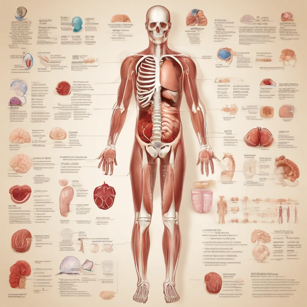 Create an image of a human body with organs visible. The body should be in a pose that suggests it is thinking, with a hand on his chin and an expression of concentration on his face. A imagem deve ser educativa, with a clean and clear aesthetic, adequada para um quiz sobre o corpo humano. Include labels for major organs like brain, heart, Lungs, liver, stomach and intestines.