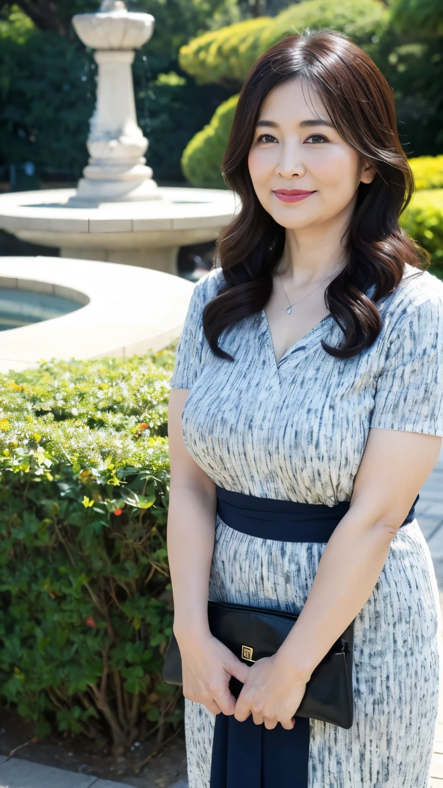 ((highest quality、8k、masterpiece:1.3))、Photorealistic, Sharp focus, high resolution, High resolution, Portraiture, alone, Japanese, Middle-aged women, Beautiful woman, 65 years old, Voluptuous figure, She has wavy hair and it is slightly dyed., Short sleeve, Wrinkles around the eyes, Fluttering skirt,In front of the fountain in the park