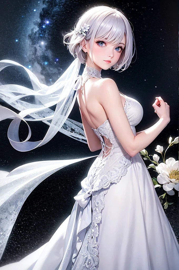 Silver Hair Short Hair Blue Eyes Beauty wedding White Dress White flower Night Sky Beautiful expression Fantastic Light Look back
