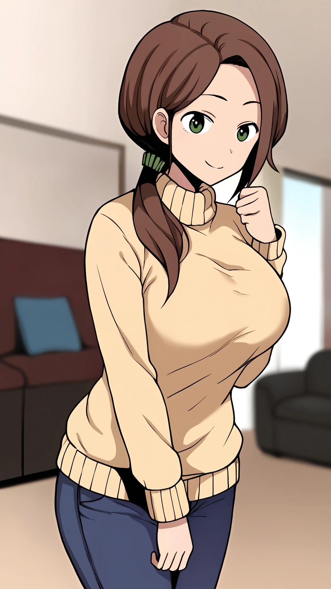 score_9,style by terasu mc,blurry background,mori_kaede_\(terasu_mc\), brown hair, green eyes, side front ponytail, large breasts, yellow sweater, jeans, standing, smiling, living room background