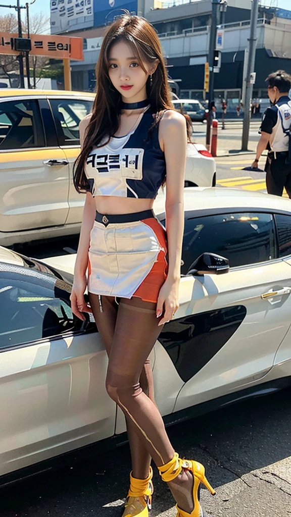 (((NFSW : 1.2))), (((pornography))), (realistic), (intricate details:1.2), (masterpiece、:1.3), (top quality:1.4), (Ultra A high resolution:1.2), Ultra A high resolution, 8K resolution, very detailed expression, (high quality), complete anatomy, natural anatomy, full body photo, some people and 1 Girl, A girl is Racing model Promoting Cars, 21 years old, (racing model :1.5), (korean:1.8), (beautiful : 1.4), (Shiny blonde banging), (big earrings), heavy makeup, Confusing wording, choker necklace, long legs, (She weared flesh colored bright pantyhose : 1.5), (she weared slim and colorful racing model uniform. : 1.6), (sleeveless crop top: 1.4), (tight skirt), (A pair of high heels covering her feet : 1.2), glowing skin, standing, sexy pose, The men who love her stand on both sides of her..),(She is being sexually harassed by men : 1.5), (The men grabbed her thighs.), caress, fondle, car festival, raicing ground, (detailed background:1.2),She has enjoy with several Korean men : 1.4), (a happy expression : 1.3), (in the SEOUL mobility show :1.2), crowd with photographer who are picturing her,