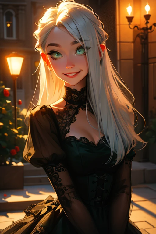 A young silver haired woman with green eyes in a pretty gothic dress is smiling behind a glowing rose at night