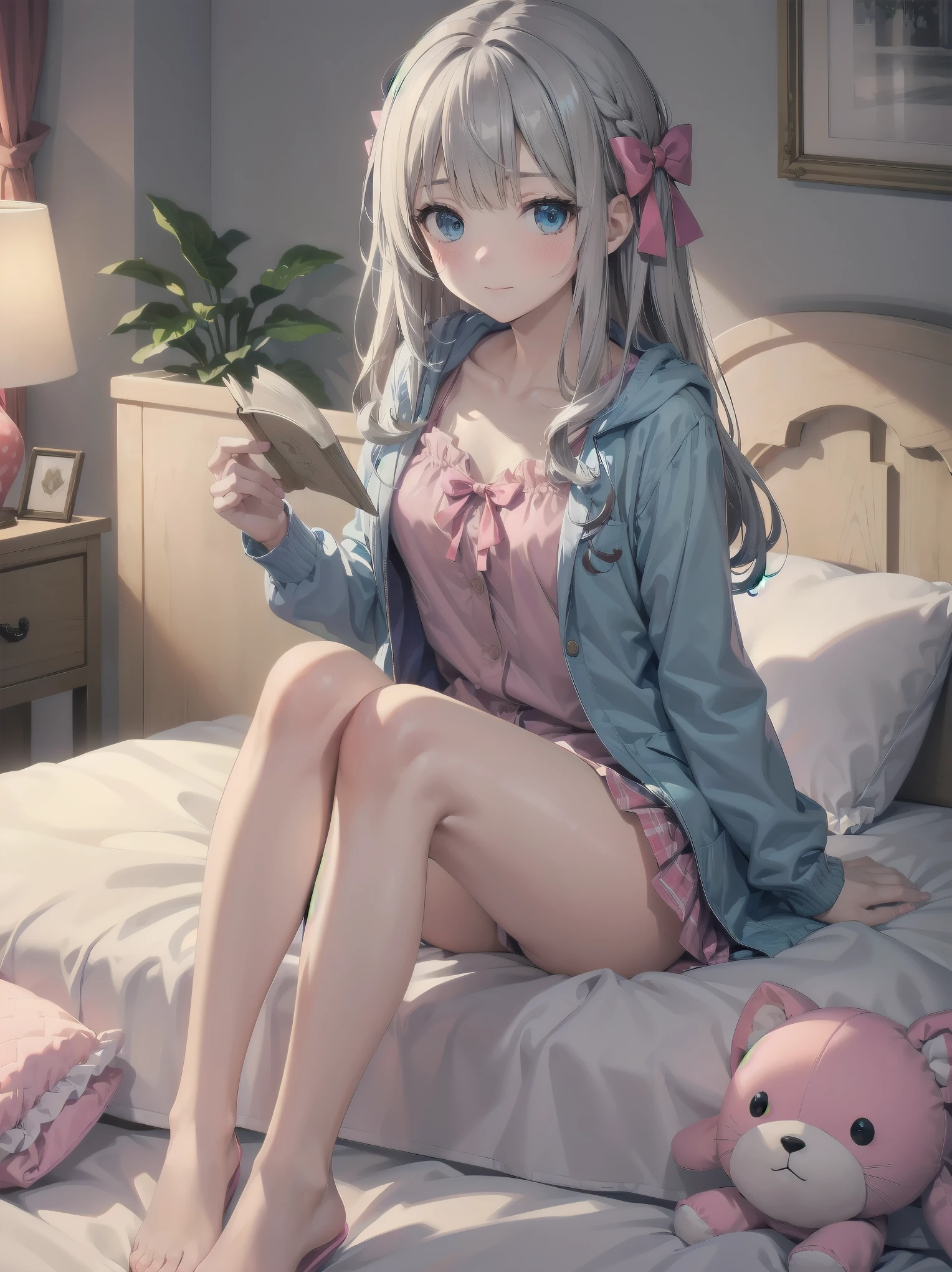 1girl, solo, long hair, looking at viewer, blush, bangs, blue eyes, long sleeves, bow, sitting, closed mouth, collarbone, jacket, hair bow, grey hair, thighs, frills, open clothes, indoors, hood, legs, book, bare legs, window, bed, on bed, stuffed toy, pink bow, blue jacket, pajamas, slippers, bedroom, izumi sagiri
