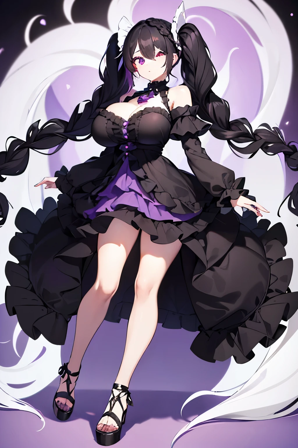 1girl, solo, full body, large breasts, long hair, (((white hair, ((black hair))))), crystalline purple eye, hair over one eye, (((braided twintails))), pale skin, curvy, ((purple dress, frilled dress)), black high heels, bare shoulders, neutral background