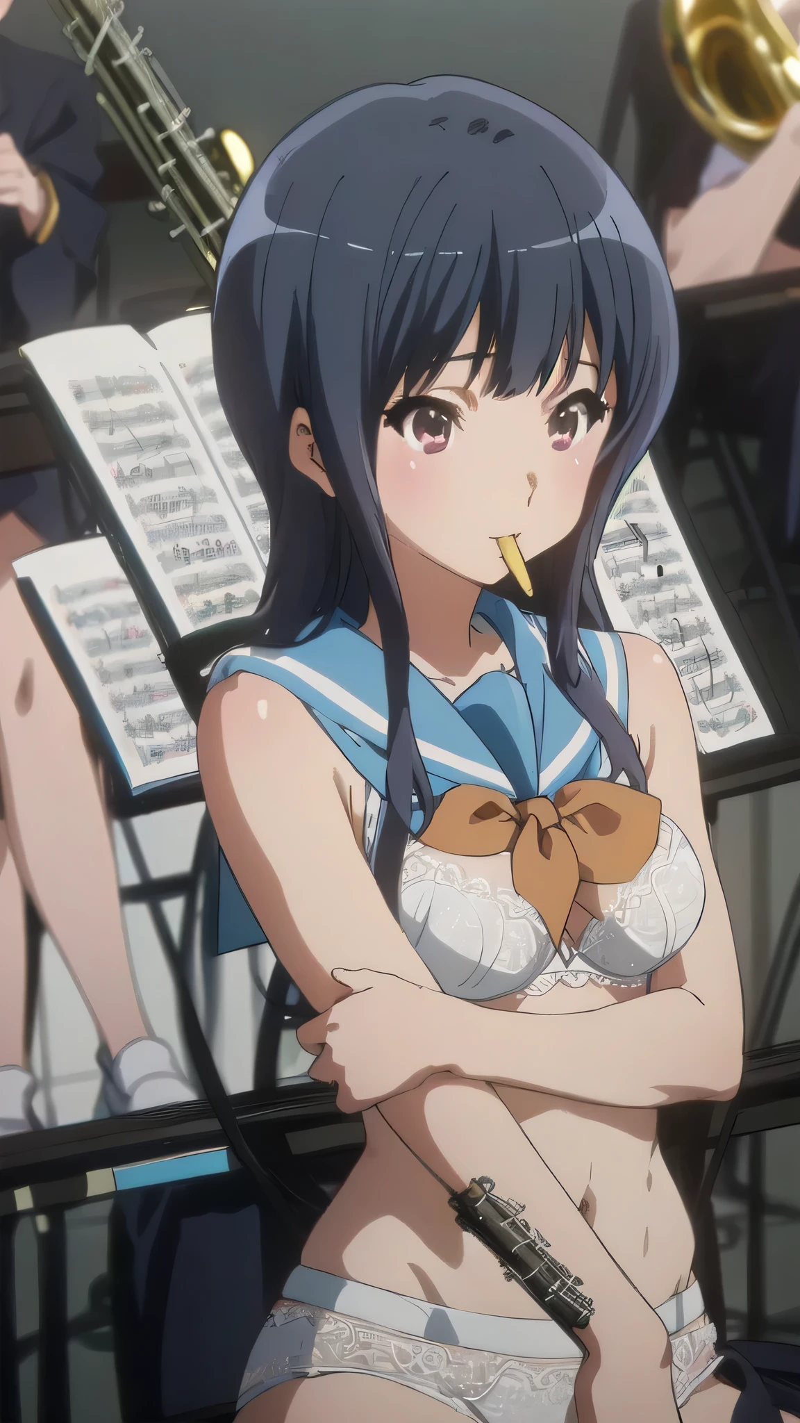 Kyoto animation ,(((White lace bra ))) , mizore yoroizuka, Kitauji High School , serafuku, Blue sailor collar, Blue neckerchief, Looking at the audience , break masterpiece ,8k unity wallpaper,anime key visual,highest quality, High resolution, unity 8k wallpaper, (shape:0.8),anime coloring,highly detailed face, detailed eyes,growing eyes,shiny skin,fine skin,white skin,dense skin,detailed hair,highly detailed legs,perfect lighting, Detailed CG, (perfect hands, perfect anatomy),High resolution,(Detailed wear ),slender limbs, delicate curves, dainty hands,figure:0.8, ,Music with instruments,flute