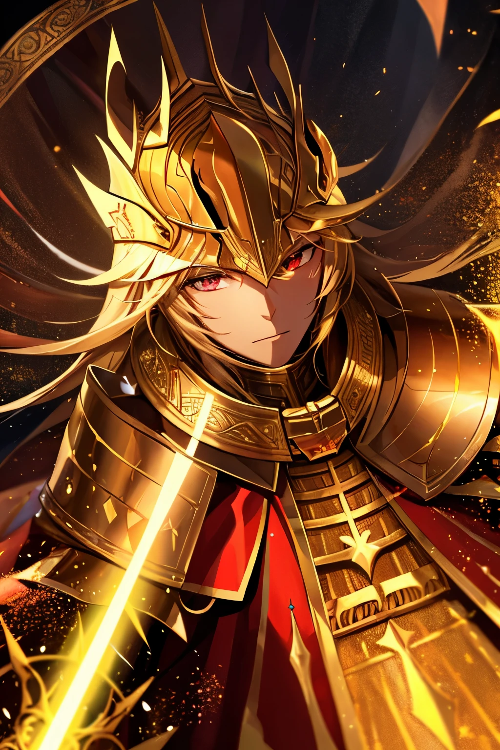 The gold knightly helmet closed, Babylon, the golden fulfillment of the closed knightly armor with red raincoats, the right hand is covered with magic seal, red, with Akitatsa, it is glowing, and releases many divine blankets with ancient runes.
