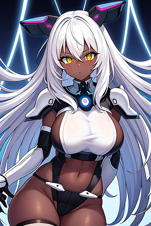 1girl, dark-skin, dark-skinned female, white hair, long hair, black leotard, white trim, large breasts, thick thighs, belt, thighhighs, pantyhose, knife, mature female, milf, toned, tall, shoulder armor, sleeves, long sleeves, gloves, elbow gloves, neon, neon trim, neon lights, futuristic, science-fiction, tech, machinery, anime style, 2d, anime screencap, ((anime style)), ((2d)), ((anime screencap))