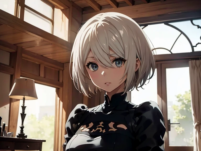 Yorha 2B,Yorha A2,
Real Doll,Figure-like skin,Only wearing a jacket,White pants,Revealing clothing,
Bobcut,symmetry,White Hair,White Eyes,
low length,Small breasts,The lower breast is slightly exposed,Condescending expression,Broken posture,from the front,From the side,
One Woman,The light shines through,Indoors at home,living room,sit,
Beautiful image quality,Delicate shades,4K,