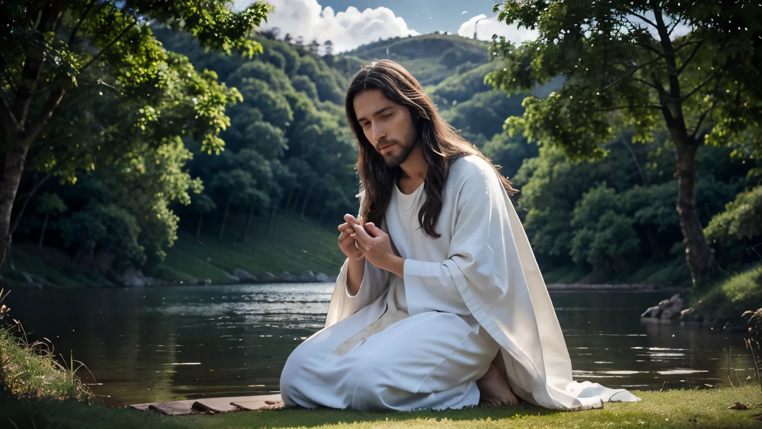 Draw Jesus Christ in high definition. He must be wearing a white tunic and a blue cloak, with a serene and compassionate expression. Place it in a natural setting, como um campo ou perto de um lago, com uma luz suave ao redor dele. Inclua detalhes finos e realistas, with a background of blue sky and white clouds. A imagem deve ser vibrante, with soft lighting and high resolution.