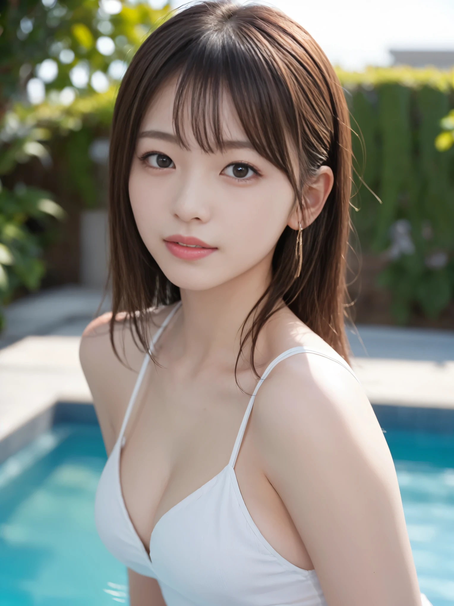 Navy blue school swimsuit with white edges, (Photorealistic:1.4), (hyper Realistic:1.4), (Realistic:1.3), (Smooth lighting:1.05), (Improve the quality of your video lighting:0.9), 1 female, 26-year-old woman, Realistic lighting, Backlight, Facial Light, Ray Tracing, (Cheerfulness:1.2), (Improved image quality:1.4), (Highest quality real texture skins), Detailed, Small face, Red cheeks, Skinny body, Big Breasts,9 heads,Beautiful legs,Pointed jaws, Korean Idol, Nogizaka Idol, Glowing Skin, Carving an idol pose, By the pool, Blunt bangs, Light brown hair, Hair behind the ear, Hair that falls over the shoulders, Long Hair,Tear bags、Sensual look